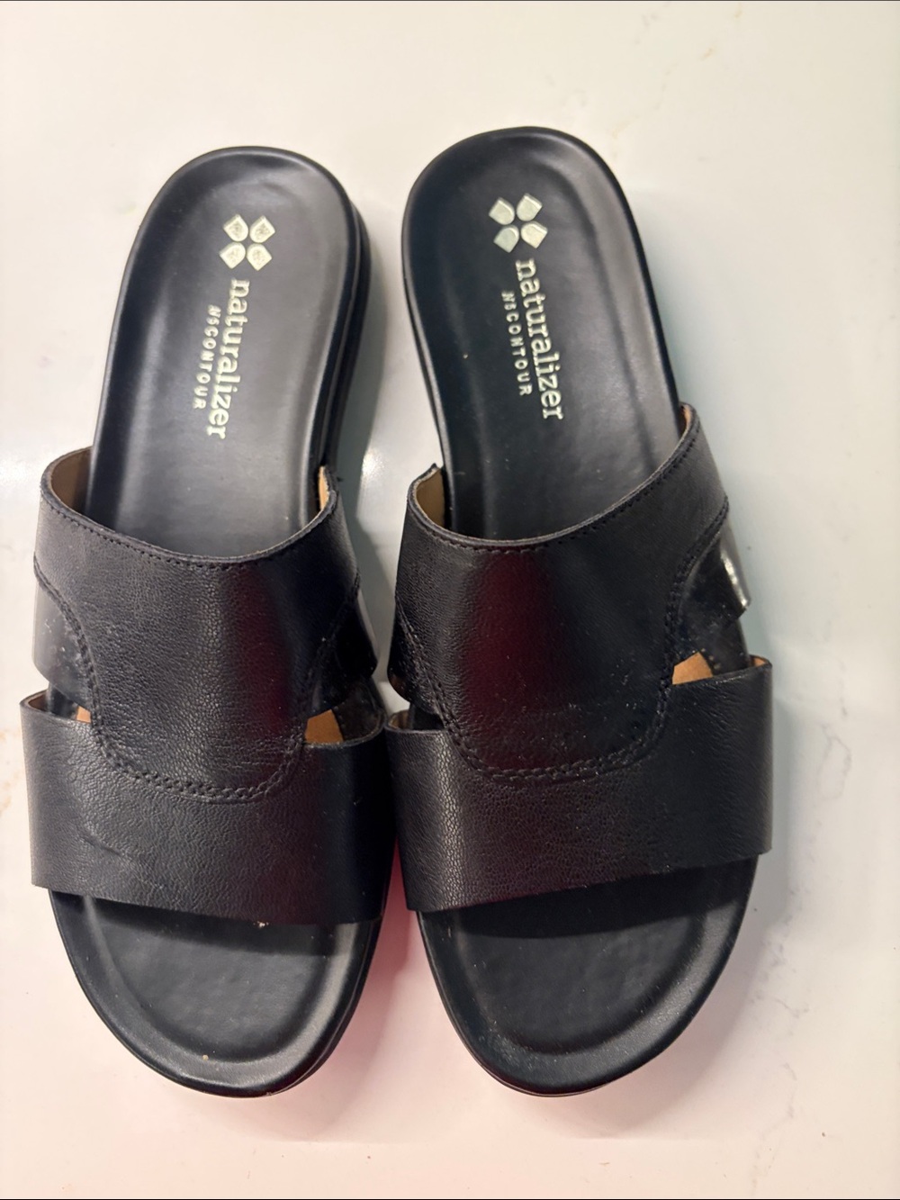 Naturalizer Black Leather Double-Band Slide Sandals